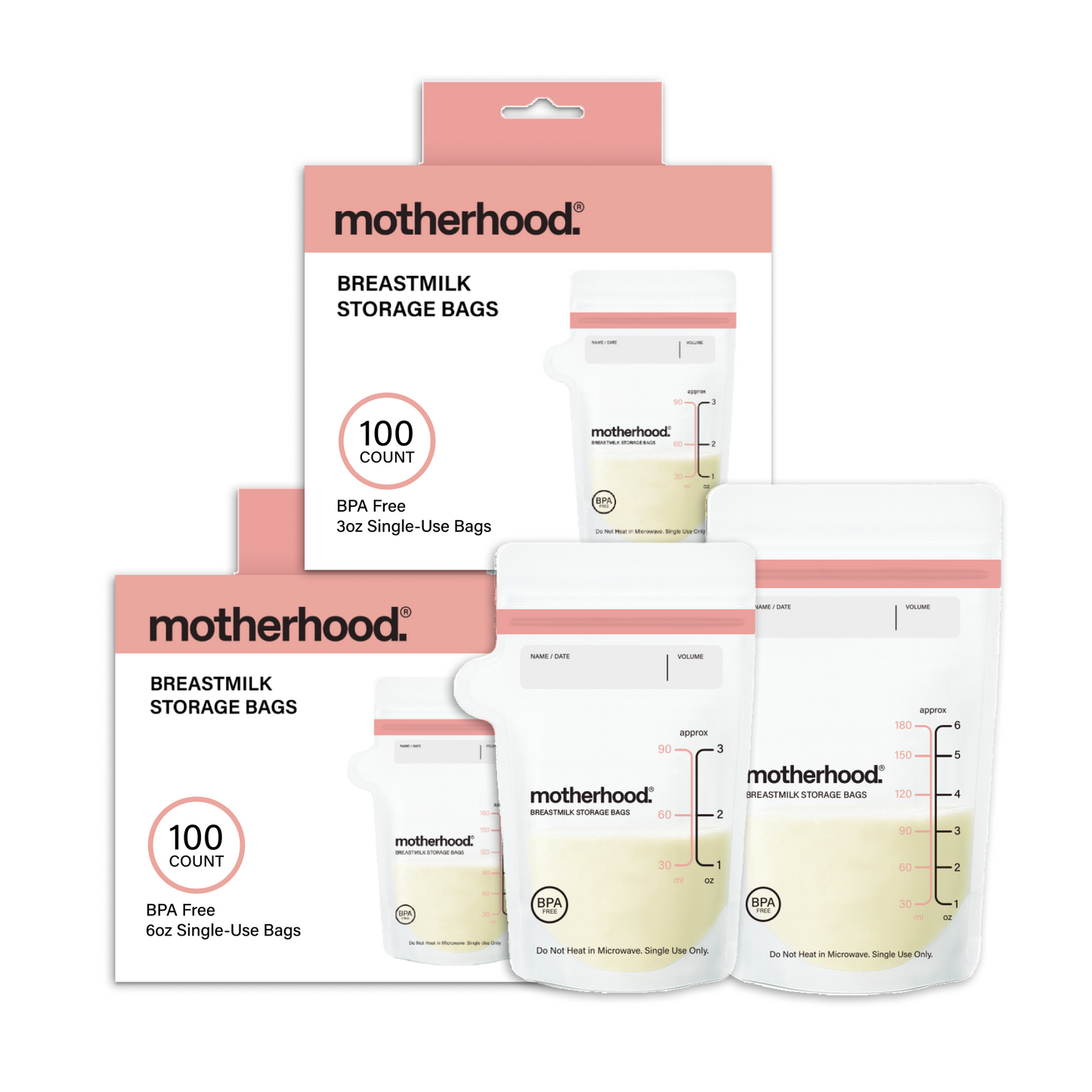 Motherhood Collection Leak-Proof Freezer Bags – Pre-Sterilized, BPA-Free, 3 oz & 6 oz Sizes, Self-Standing & Flat Lay (50 or 100 Count)