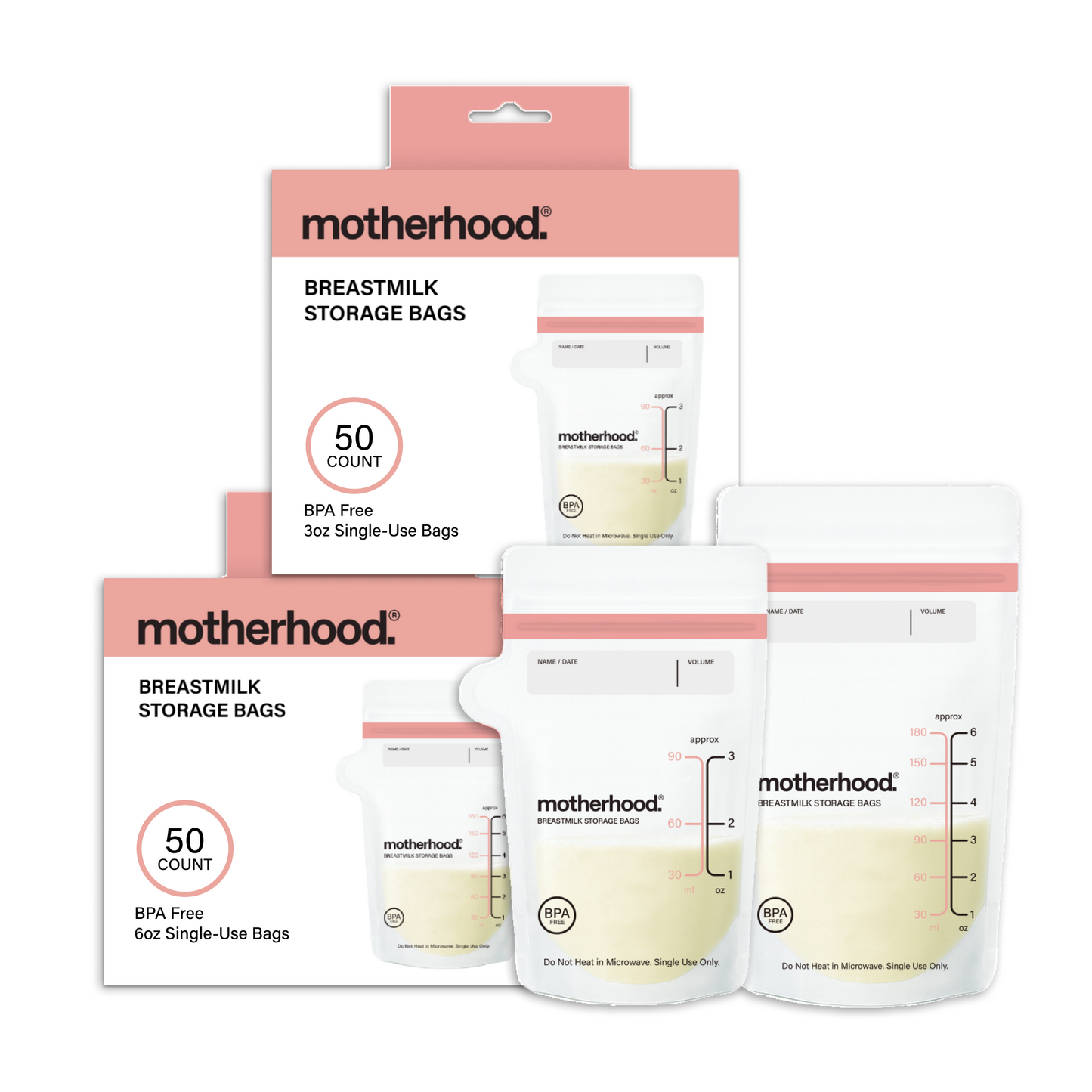 Motherhood Collection Leak-Proof Freezer Bags – Pre-Sterilized, BPA-Free, 3 oz & 6 oz Sizes, Self-Standing & Flat Lay (50 or 100 Count)