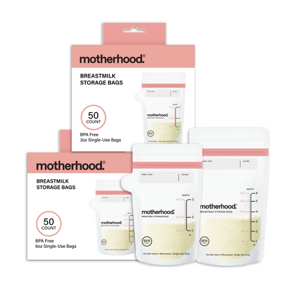 Motherhood Collection Leak-Proof Freezer Bags – Pre-Sterilized, BPA-Free, 3 oz & 6 oz Sizes, Self-Standing & Flat Lay (50 or 100 Count)