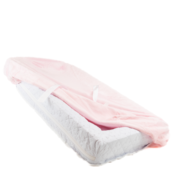 pink silky minky, baby changing pad cover half on